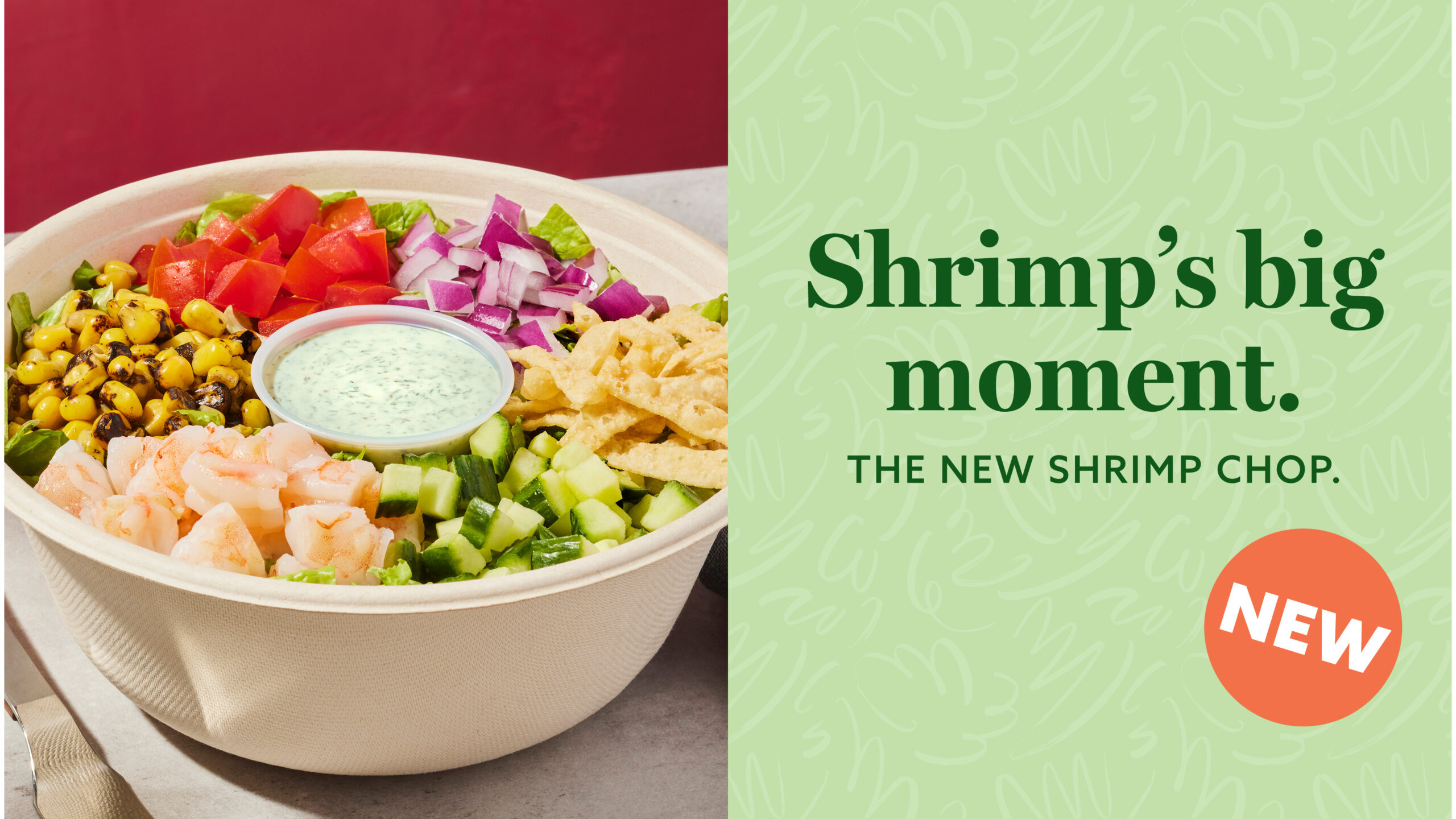 A bowl of shrimp salad with various fresh vegetables and a cup of creamy dressing in the center. The text below reads, 